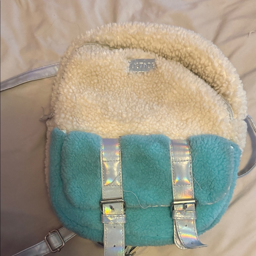 Justice Cream and Blue Sherpa Backpack